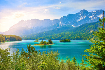 Picturesque Lake Eibsee in the Mountains of Bavaria in Germany - obrazy, fototapety, plakaty