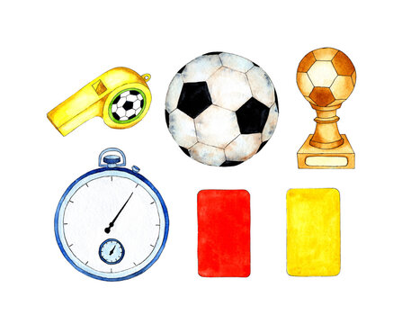 Watercolor illustration soccer set ball, cup, stopwatch and cards red and yellow. A set of equipment for playing football. Isolated over white background. Drawn by hand.