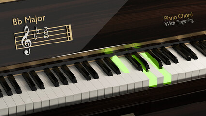 Fototapeta na wymiar Classic piano with Bb major chord on piano keys, close up, classical entertainment
