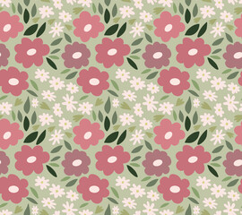 Cute childish seamless pattern with abstract flowers and leaves. Creative modern floral texture for fabric, wrapping, textile, wallpaper. Vector background with hand drawn flowers in simple style