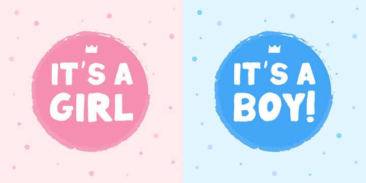 Baby shower stickers. Its a boy card. its a girl card. Vector baby shower postcard