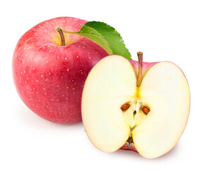 Japanese San Fuji Apple isolated on white background, Fresh Pink Apple with leaf on white background,  With clipping path.