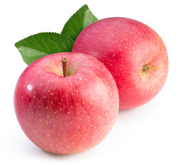 Japanese San Fuji Apple isolated on white background, Fresh Pink Apple with leaf on white background,  With clipping path.