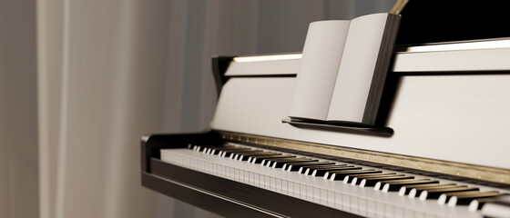 Fototapeta na wymiar Side view of classic piano with musical book, classical instrument, 3d rendering