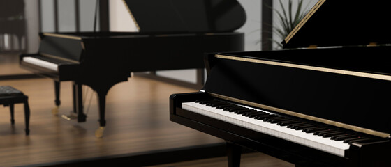 Piano practicing room with glass wall, grand piano, acoustic instrument, 3d illustration