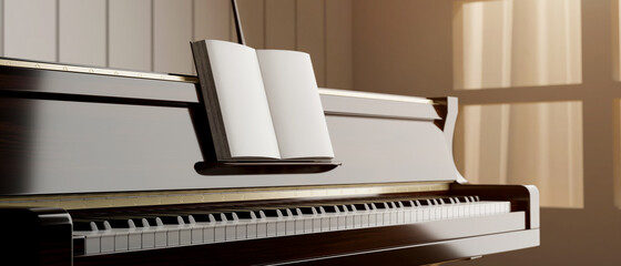 Classic grand piano with music book standing close to the window, music instrument, piano keys