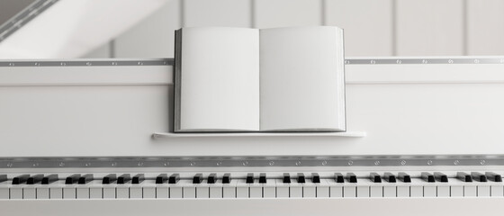 White grand classic piano, crop shot piano with music book, 3d illustration