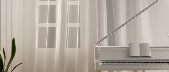 Piano room, grand piano in white standing close the window with white curtain, 3d illustration © bongkarn