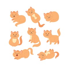 Cat set in different poses. Cute ginger cat character in cartoon style, vector illustration