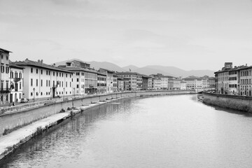 Pisa cityscape. Black white Italy.