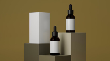 Skincare poster template, brown glass dropper bottle with white label and box package on earth tone pedestal