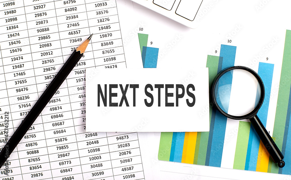 Poster next steps text on white card on the chart background