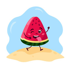 Summer cute kawaii watermelon character. Vector illustration. Cartoon style. Happy watermelon.