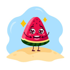 Summer cute kawaii watermelon character. Vector illustration. Cartoon style. Watermelon very happy.