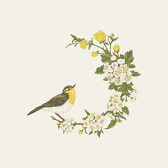 Floral wreath with bird.