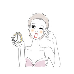 寝起きの女性　目覚まし時計