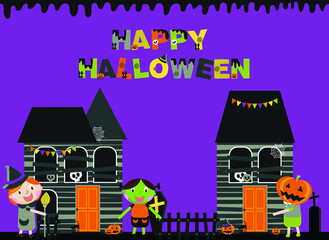 Halloween background with stylized holiday elements (pumpkin, cat, spider web, skull, candy) 