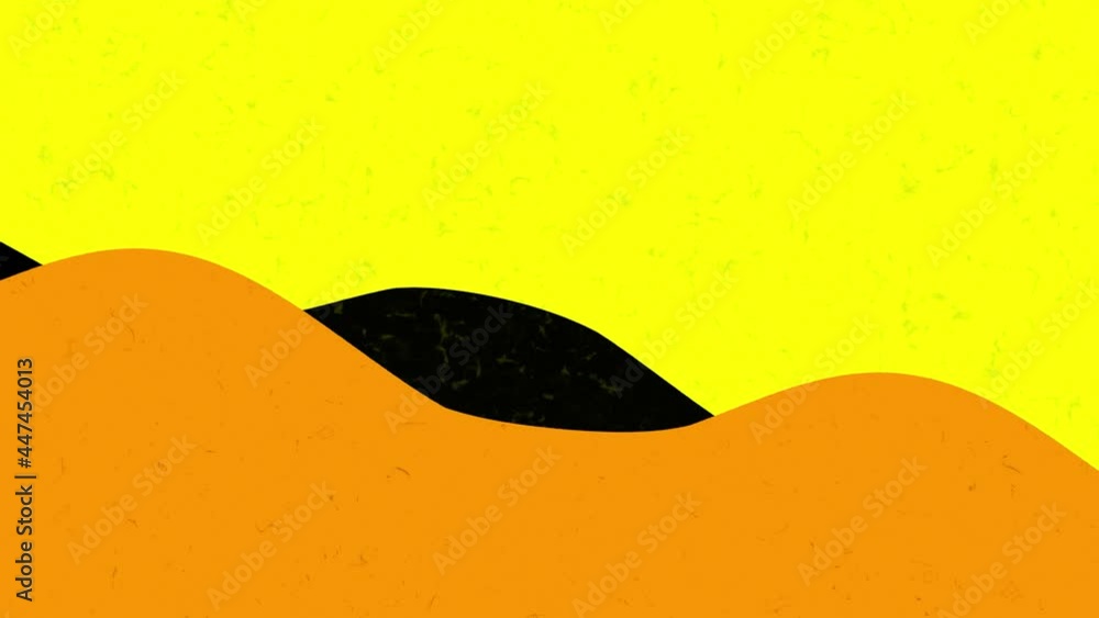 Poster black and orange waves on yellow background with dust particles, seamless loop. animation. geometric