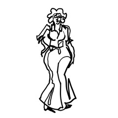 Sketch drawing of a woman in a blouse and trousers. Black contour outline.