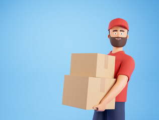 Portrait of happy cartoon beard delivery man in red uniform carrying cardboard boxes over blue background. Postal delivery and moving service concept.