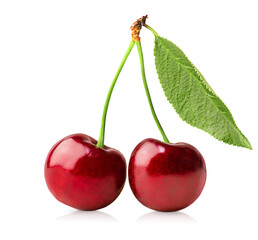 one bunch of sweet cherries on white isolated background