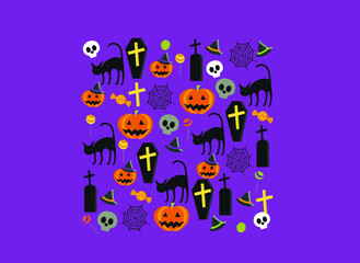 Halloween background with stylized holiday elements (pumpkin, cat, spider web, skull, candy) 