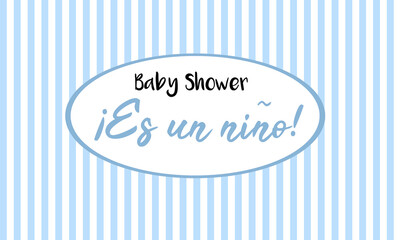 Cartel de baby shower de un embarazo en color azulado con líneas. Es un niño.