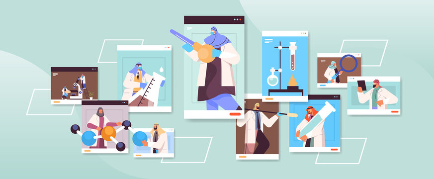 arab researchers working with test tubes in web browser windows arabic scientists making chemical experiments in lab