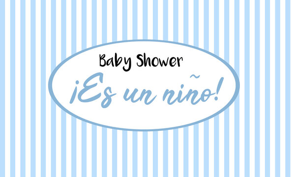 Cartel de baby shower de un embarazo en color azulado con líneas. Es un niño.