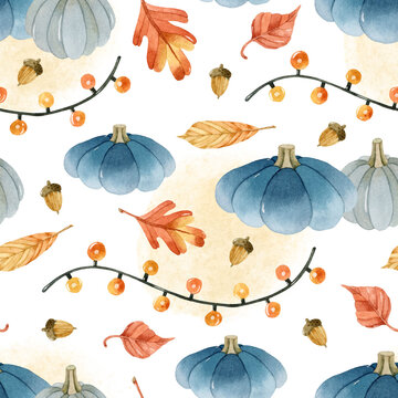 Cozy blue pumpkins and garland watercolor seamless pattern