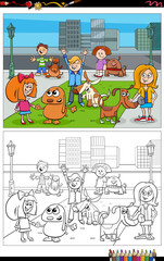 cartoon kids and dogs characters group coloring book page