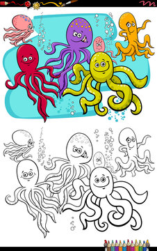 cartoon octopus animal characters coloring book page