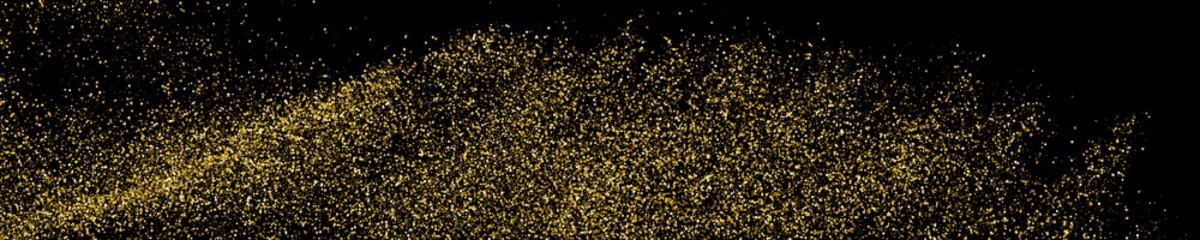 Gold Glitter Texture On Black. Horizontal Long Banner For Site.Panoramic Celebratory Background. Golden Explosion Of Confetti. Vector Illustration, Eps 10.