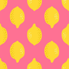 Cute Vector Lemon seamless pattern. Flat summer fresh whole fruits, lemons print on pink background. Lemonade repeat texture for wallpaper, textile, wrap, tropical fabric design