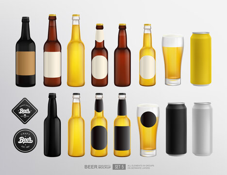 Blank Mockup set of realistic Glass Beer Bottles and Tin Cans for brand identity design and logo presentation. Vintage beer logo template. Black and white bottle labels