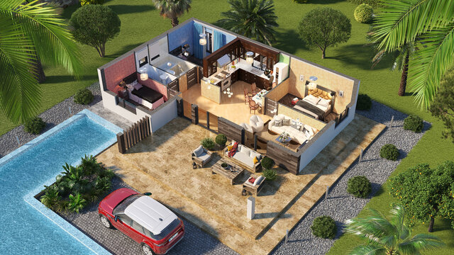 3D floor plan of villa with pool