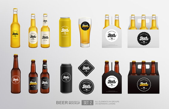 Realistic Beer Mockup set of glass bottle, aluminium Tin Can, packaging box. Beer Bar and Pub Branding items mockup set with vintage lettering beer logo. Vector template