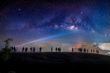 Milky Way galaxy, on the mountains. Long exposure photograph, with grain.Image contain certain grain or noise and soft focus.