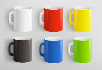 Vector set of corporate ceramic mugs template for mockup design. Red, white, black mug mockup template for branding identity and company. Vector mug for logo design presentation