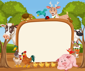 Empty banner with various wild animals in the forest