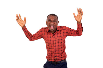 young happy businessman making funny faces with his hands.