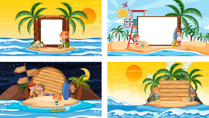 Set of different tropical beach scenes with blank banner