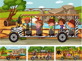 Wandaufkleber Different safari scenes with animals and kids cartoon character © brgfx