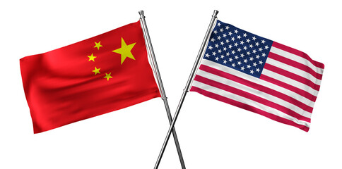 American and Chinese flags isolated on white background