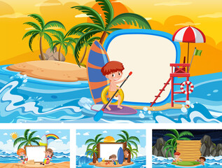 Obraz na płótnie Canvas Set of different tropical beach scenes with blank banner