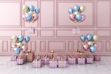 Colorful Bunch of Birthday 3D Balloons Flying for Party in room. 3D illustration, 3D rendering	