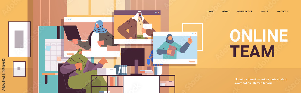 Poster arab businesspeople discussing with colleagues in web browser windows during video call virtual conf