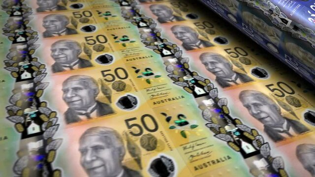 Australian Dollar money banknotes printing roll machine. Paper AUD bank note print 3d looping seamless. Abstract concept of banking, debt, income, finance, economy and crisis in Australia.