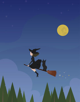 The witch flies on a broomstick with a cat.