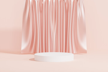 White podium or pedestal for products or advertising on pink background with curtains, 3d render